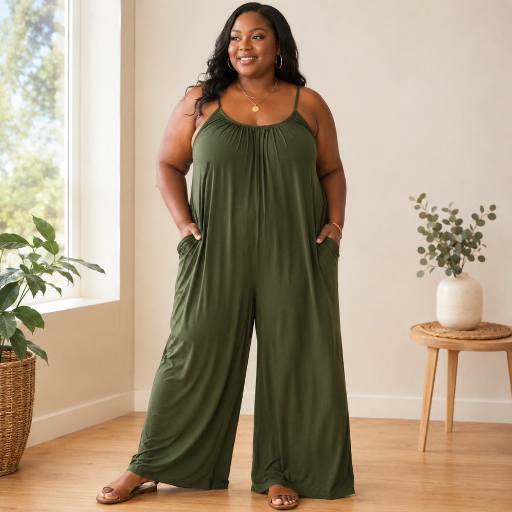 Plus Size 5XL Olive Green Wide Leg Cami Jumpsuit Adjustable Straps Pockets